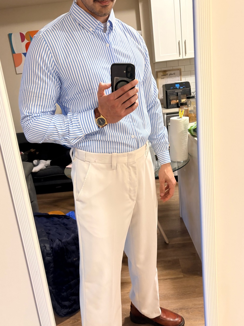 Old Money Coastal Prep Set | Striped Oxford Button-Down & Cream Dress Trousers (